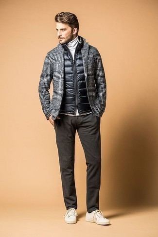 Black Gilet with Grey Plaid Wool Blazer Outfits For Men: 