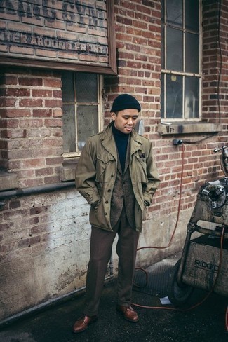 Olive Military Jacket with Brown Leather Derby Shoes Outfits: 
