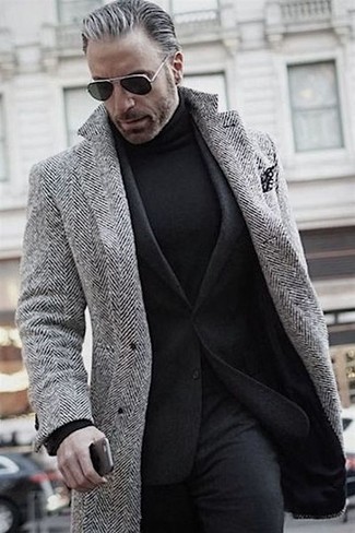 Grey Herringbone Overcoat Outfits After 50: 