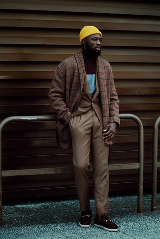 Men's Khaki Dress Pants, Multi colored Turtleneck, Tan Wool Blazer, Brown Check Overcoat