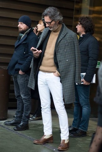 Men's White Jeans, Tan Wool Turtleneck, Black Blazer, Grey Gingham Overcoat