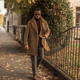 Brown Turtleneck with Dress Pants Winter Outfits For Men: 