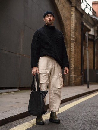 Men's Black Knit Wool Turtleneck, Beige Cargo Pants, Olive Leather Chelsea Boots, Black Canvas Tote Bag