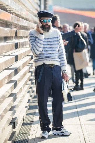 Men's White and Blue Horizontal Striped Turtleneck, Navy Chinos, White and Navy Athletic Shoes, White Leather Zip Pouch