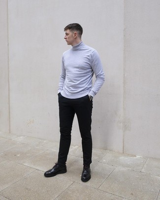 Black and White Leather Brogues Outfits: For a laid-back outfit, consider pairing a grey turtleneck with black chinos — these two items play beautifully together. Black and white leather brogues will instantly class up even the most basic outfit.
