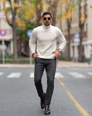 White Wool Turtleneck Outfits For Men: This laid-back combination of a white wool turtleneck and charcoal chinos can only be described as ridiculously stylish. And if you need to easily up this outfit with one single piece, add dark brown leather casual boots to the equation.