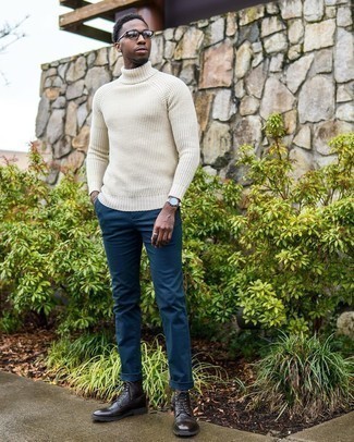 Men's White Knit Wool Turtleneck, Navy Chinos, Dark Brown Leather Casual Boots, Clear Sunglasses