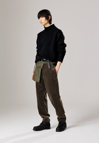 Men's Black Wool Turtleneck, Dark Brown Corduroy Chinos, Black Leather Casual Boots, Olive Canvas Fanny Pack