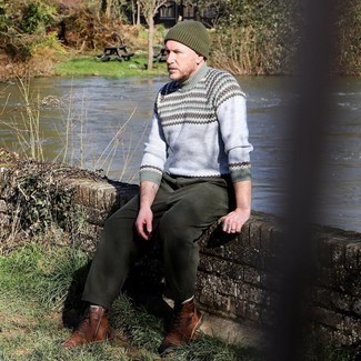 Olive Beanie Outfits For Men: If you're all about feeling relaxed when it comes to fashion, this combination of a grey fair isle wool turtleneck and an olive beanie is right what you need. To introduce some extra depth to this outfit, complete this look with dark brown leather casual boots.