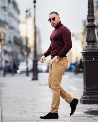 Burgundy Turtleneck with Beige Chinos Outfits: Why not try teaming a burgundy turtleneck with beige chinos? As well as totally practical, these items look amazing paired together. Why not complete your look with black suede chelsea boots for an element of refinement?