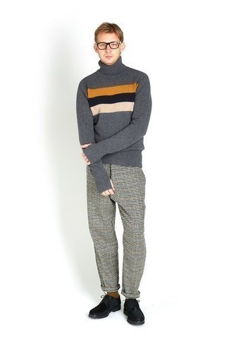 Men's Charcoal Horizontal Striped Wool Turtleneck, Grey Houndstooth Wool Chinos, Black Suede Derby Shoes, Clear Sunglasses