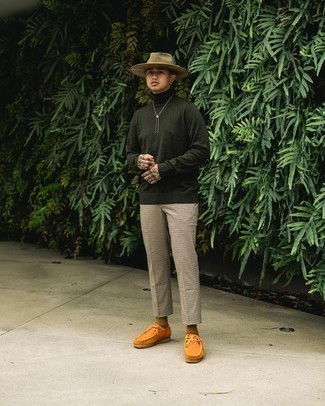 Dark Green Turtleneck Outfits For Men: A dark green turtleneck and beige check chinos are a must-have combo for many style-savvy men. Orange canvas desert boots are a nice option to complete this ensemble.