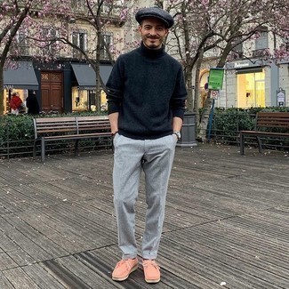 Grey Chinos Outfits: A navy wool turtleneck and grey chinos are indispensable menswear staples if you're figuring out a casual wardrobe that holds to the highest style standards. If you're puzzled as to how to finish, a pair of pink leather desert boots is a savvy pick.