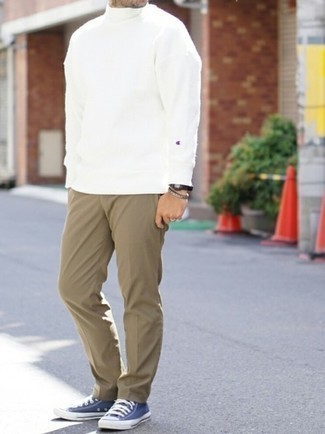 Men's White Turtleneck, Khaki Chinos, Navy and White Canvas High Top Sneakers, Black Watch