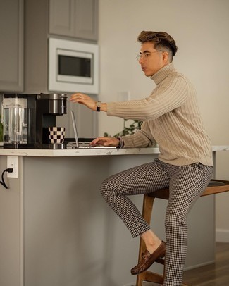 Beige Knit Turtleneck Outfits For Men: This pairing of a beige knit turtleneck and white and black gingham chinos is beyond versatile and provides a laid-back and cool look. Finishing off with dark brown leather loafers is an effective way to introduce a little zing to your look.