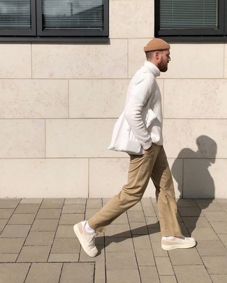 Men's White Wool Turtleneck, Khaki Chinos, Beige Canvas Low Top Sneakers, White Canvas Tote Bag
