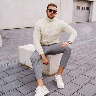 Men's White Knit Wool Turtleneck, Grey Plaid Chinos, White Canvas Low Top Sneakers, Dark Brown Sunglasses