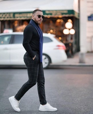 Blue Scarf Outfits For Men: This pairing of a black turtleneck and a blue scarf is dapper and yet it looks laid-back enough and apt for anything. White canvas low top sneakers are a surefire way to bring a hint of class to your look.