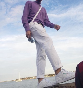 Men's Violet Turtleneck, White Chinos, White Leather Low Top Sneakers, Dark Brown Leather Belt
