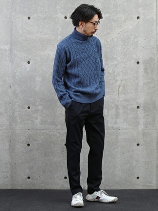 Blue Knit Turtleneck Outfits For Men: A blue knit turtleneck and black chinos are the kind of a winning casual combo that you need when you have zero time. When not sure as to what to wear in the shoe department, stick to white print canvas low top sneakers.