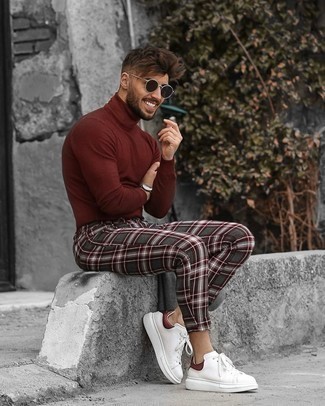 Black Sunglasses Casual Outfits For Men: For a cool and relaxed look, pair a burgundy turtleneck with black sunglasses — these two items fit beautifully together. A great pair of white and red leather low top sneakers is an effective way to infuse an added touch of refinement into this outfit.