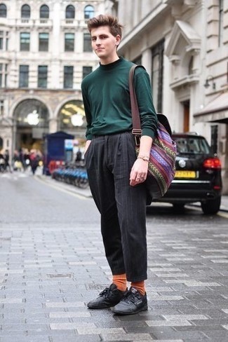 Dark Green Turtleneck Outfits For Men: A dark green turtleneck and black vertical striped chinos? This is easily a wearable look that any man could wear a variation of on a daily basis. Add a pair of black leather low top sneakers to this ensemble and ta-da: the ensemble is complete.
