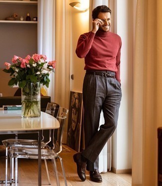 Dark Brown Leather Monks Outfits: This combo of a red wool turtleneck and charcoal chinos is great for dress-down days. To give your look a more elegant finish, introduce a pair of dark brown leather monks to the mix.