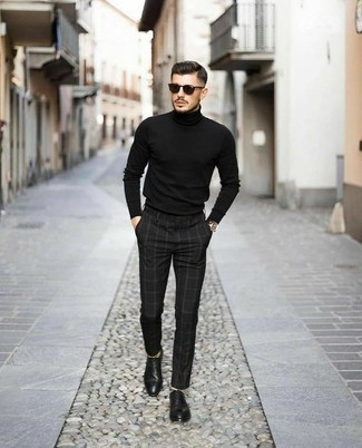 Black Check Chinos Outfits: Choose a black turtleneck and black check chinos for a casual and fashionable ensemble. Introduce black leather oxford shoes to the mix to easily amp up the wow factor of any getup.