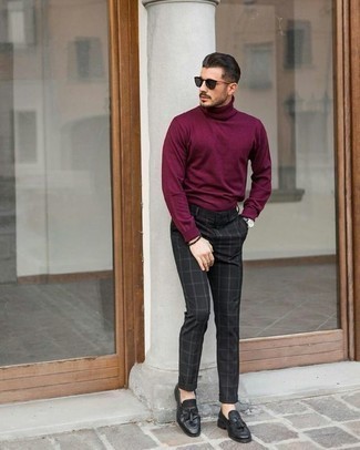 Men's Purple Turtleneck, Charcoal Check Chinos, Black Leather Tassel Loafers, Black Sunglasses