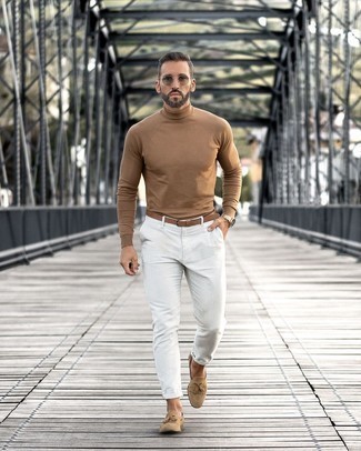 Men's Tan Turtleneck, White Vertical Striped Chinos, Tan Suede Tassel Loafers, Brown Leather Belt