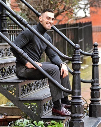 Charcoal Turtleneck Outfits For Men: For a casually cool outfit, wear a charcoal turtleneck with charcoal chinos — these items work really well together. Our favorite of a great number of ways to complete this ensemble is with burgundy leather tassel loafers.