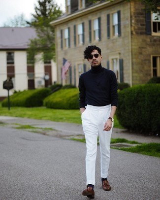 Navy Turtleneck Outfits For Men: Effortlessly blurring the line between cool and laid-back, this combo of a navy turtleneck and white chinos will likely become one of your go-tos. And it's a wonder how dark brown leather tassel loafers can class up an outfit.