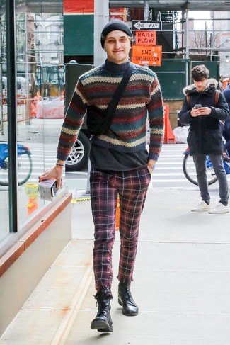 Multi colored Horizontal Striped Turtleneck Outfits For Men: This pairing of a multi colored horizontal striped turtleneck and red and black plaid chinos makes for the perfect base for a casually cool look. If you wish to effortlessly polish up this outfit with a pair of shoes, why not introduce black leather casual boots to the mix?