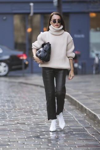 White Leather Ankle Boots Outfits: A beige knit turtleneck and black leather culottes are a nice combo to add to your casual styling repertoire. A pair of white leather ankle boots will glam up this outfit.