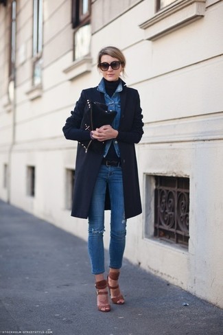 Women's Blue Skinny Jeans, Black Turtleneck, Blue Denim Jacket, Navy Coat