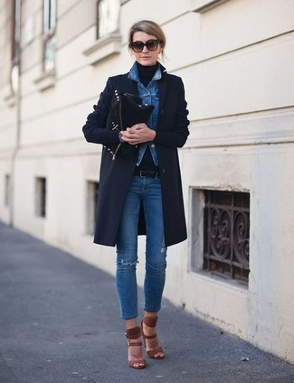Women's Blue Ripped Skinny Jeans, Black Turtleneck, Blue Denim Jacket, Navy Coat