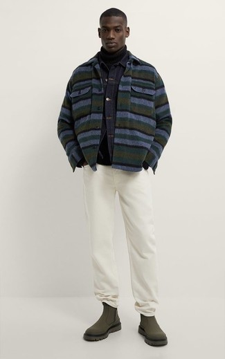 Men's White Jeans, Black Knit Turtleneck, Navy Denim Jacket, Navy Horizontal Striped Wool Shirt Jacket