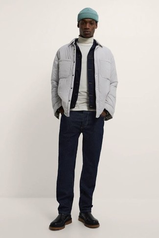 Grey Nylon Shirt Jacket Outfits For Men: 