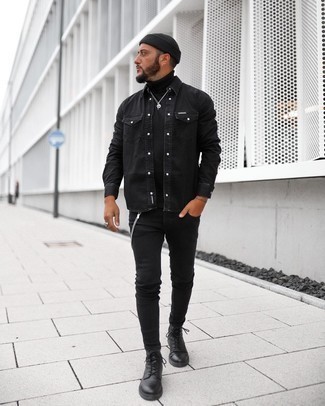 Black Denim Shirt Outfits For Men: Go for a simple but cool and casual ensemble teaming a black denim shirt and black skinny jeans. Finishing off with a pair of black leather casual boots is a simple way to bring a touch of class to your getup.