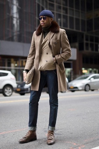 Beige Fur Collar Coat Outfits For Men: 