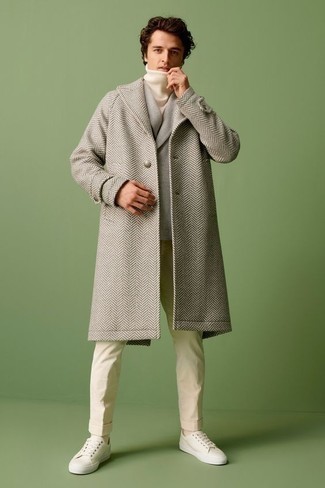 Men's Beige Chinos, White Turtleneck, Grey Wool Double Breasted Blazer, Grey Herringbone Overcoat
