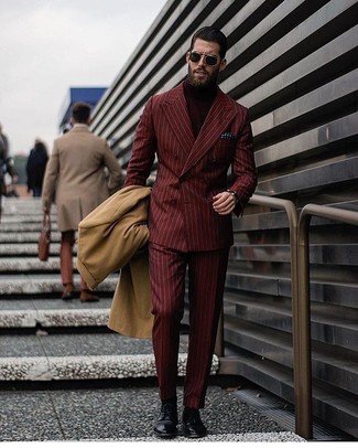 Burgundy Vertical Striped Dress Pants Outfits For Men: 