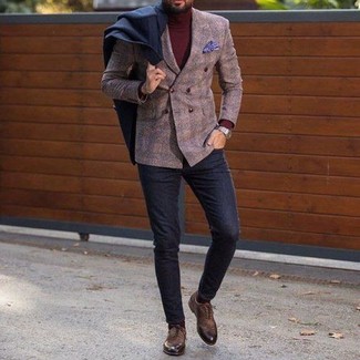 Brown Check Wool Double Breasted Blazer Outfits For Men: 