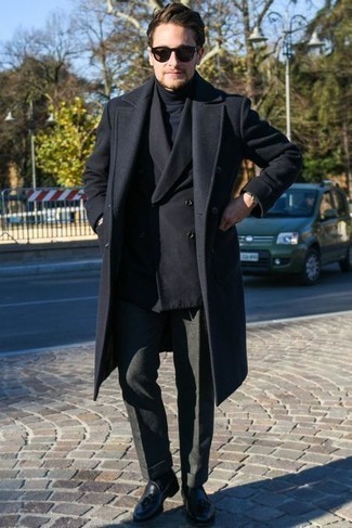 Men's Charcoal Wool Dress Pants, Navy Turtleneck, Black Wool Double Breasted Blazer, Black Overcoat