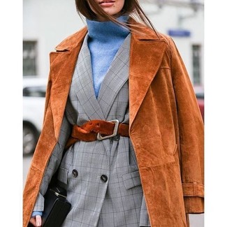 Women's Black Leather Clutch, Light Blue Turtleneck, Grey Check Double Breasted Blazer, Tobacco Suede Trenchcoat