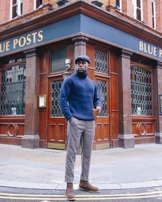 Navy Flat Cap Outfits For Men: This is undeniable proof that a blue knit wool turtleneck and a navy flat cap look awesome when you team them up in a relaxed casual outfit. To introduce a bit of zing to this outfit, opt for a pair of brown suede casual boots.