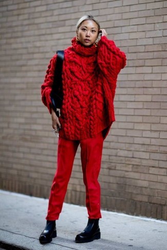 Red Dress Pants Outfits For Women: A red knit wool turtleneck and red dress pants are absolute mainstays if you're picking out a classy closet that holds to the highest fashion standards. Want to play it down with footwear? Enter black leather chelsea boots into the equation for the day.