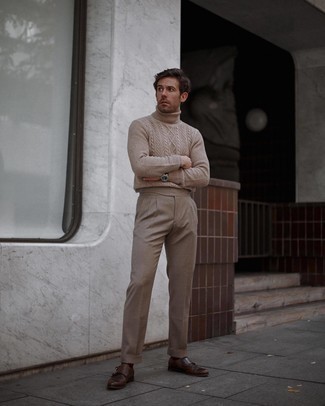 Beige Knit Wool Turtleneck Outfits For Men: A beige knit wool turtleneck and beige dress pants are essential in a great man's wardrobe. A pair of dark brown leather double monks can effortlessly polish off any ensemble.