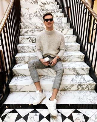 Tan Wool Turtleneck Outfits For Men: This combo of a tan wool turtleneck and grey plaid dress pants is a lifesaver when you need to look dapper but have zero time. Let your sartorial sensibilities really shine by rounding off this outfit with white leather low top sneakers.