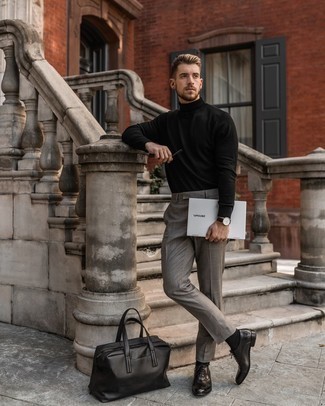 Grey Dress Pants Outfits For Men: This is hard proof that a black turtleneck and grey dress pants are amazing when teamed together in a sophisticated ensemble for today's gent. A good pair of dark brown leather oxford shoes is a simple way to punch up this outfit.